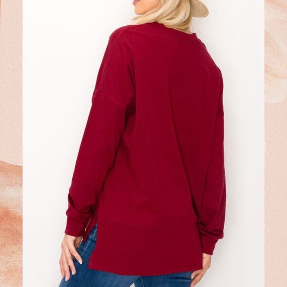 Burgundy Red Rise and Wine Graphic Casual Long Sleeve T-Shirt - Picture 3 of 3